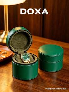 DOXA Vintage Dark Green Round Zipper Watch Storage Box, Leather Single Mechanical Watch Travel Shockproof Protective Case - Green - View 2