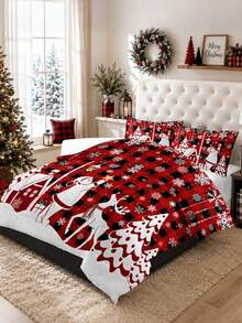 Bộ chăn ga gối 3 món chủ đề Giáng Sinh họa tiết kẻ caro đỏ đen Ông già Noel và tuần lộc - mềm mại, thoải mái và thoáng khí, bông chần 200g, gồm 1 chăn và 2 vỏ gối (không kèm ruột gối) - lựa chọn hoàn hảo để trang trí Giáng Sinh cho nhà hoặc ký túc xá - Nhiều màu - Xem 1
