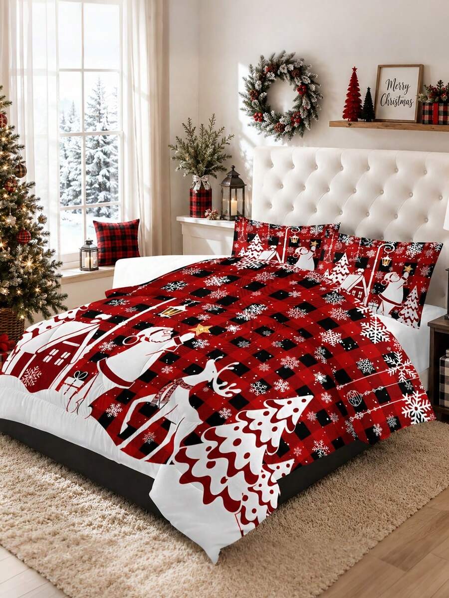 Bộ chăn ga gối 3 món chủ đề Giáng Sinh họa tiết kẻ caro đỏ đen Ông già Noel và tuần lộc - mềm mại, thoải mái và thoáng khí, bông chần 200g, gồm 1 chăn và 2 vỏ gối (không kèm ruột gối) - lựa chọn hoàn hảo để trang trí Giáng Sinh cho nhà hoặc ký túc xá - Nhiều màu - Xem 1