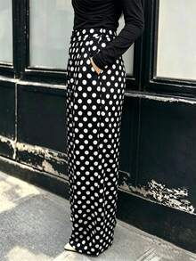 Women's All‑Season Elegant Casual Wide‑Leg Pants, Classic Contrast‑Color Polka‑Dot Design, Trousers For Daily Commute And Travel - Black and White - View 2