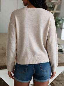 Sweater Rajut Kabel Warna Oatmeal Wanita, Leher V Setengah Terbuka, Pullover Lengan Panjang Longgar Bahu Jatuh Lembut Mirip Wol, Atasan Kasual Sehari-hari untuk Musim Gugur dan Musim Dingin - Aprikot - View 7