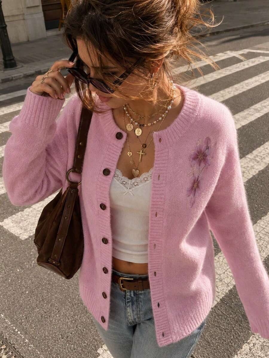 Pink Cardigan For Women, Soft Knitted Sweater Button Up Long Sleeve Casual Fall Winter Top With Floral Detail - Light Pink - View 1