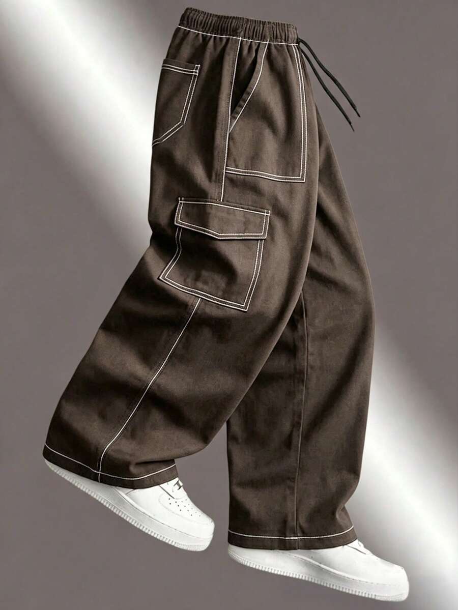 Spring/Autumn Plus Size Multi-Pocket Straight Leg Cargo Pants, Men's Loose Streetwear Sports Long Pants - Brown - View 1