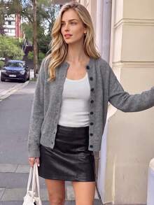 Nicenter Women's Fall Winter Heather Grey Wool Blend Crew Neck Button Front Long Sleeve Casual Simple Cardigan Sweater, Fall Clothes For Office Daily Home Date - Grey - View 3