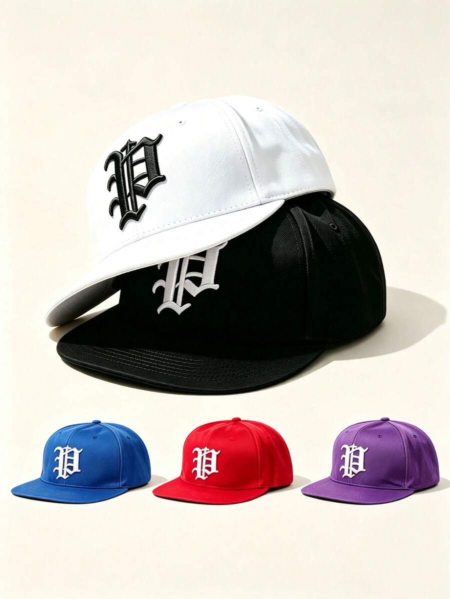 1pc Unisex Flat Brim Snapback Cap, P Letter Gothic Embroidery, Hip‑Hop Street Style, Adjustable, For Casual, Street, Party, Travel Daily Wear