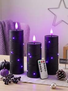 3組紫色燈串系列無焰蠟燭，附定時閃爍功能（不含電池），電池供電柱狀蠟燭，附燈串，暗黑哥德風逼真蠟燭燈，適合萬聖節、派對、夏季派對、居家桌面裝飾 - 黑紫光 - 查看 1