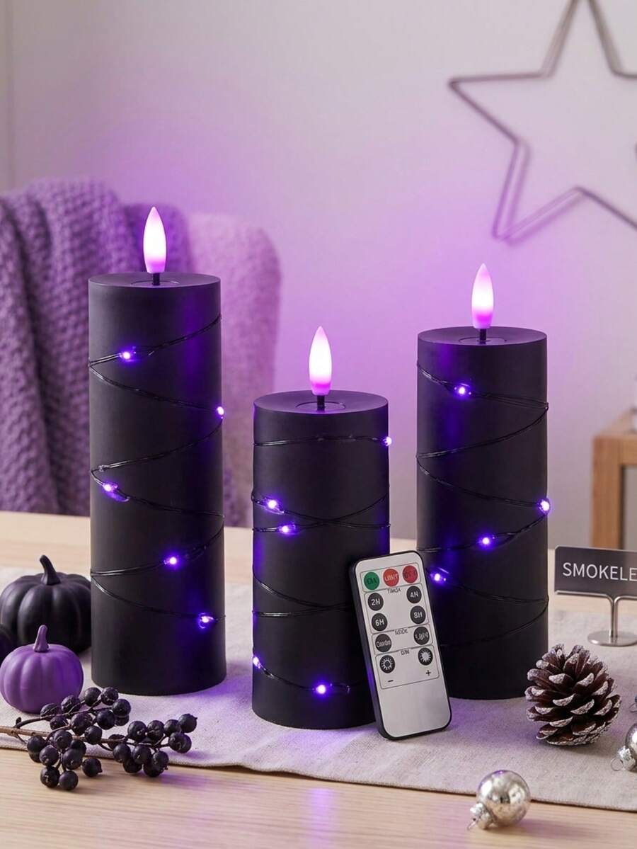 3組紫色燈串系列無焰蠟燭,附定時閃爍功能(不含電池),電池供電柱狀蠟燭,附燈串,暗黑哥德風逼真蠟燭燈,適合萬聖節、派對、夏季派對、居家桌面裝飾 - 黑紫光 - 查看 1