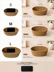1pc Khaki Handmade Woven Storage Basket, Natural Style Small Desktop Organizer Tray, Round Opening Design, Suitable For Cosmetics, Keys, Snacks, Jewelry, Stationery, Bedroom Office Living Room Home Decor - Khaki - View 2