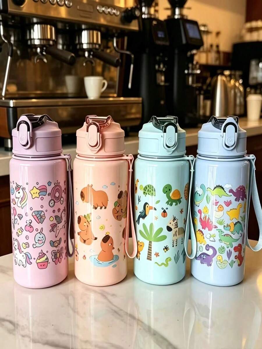 1件 500ml 可愛便攜運動水壺附吸管,卡通恐龍圖案杯,適合露營、戶外、居家使用 - 彩色 - 查看 1