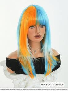 NAMM Patriotic Argentina Wig Orange & Blue Highlights Wigs Medium-Length Layered Wig With Bangs, Synthetic Heat-Resistant Fiber Costume Wig For Women Cosplay Wear, Carnival, Halloween Party Use 20 Inch - Blue Highlight - View 4