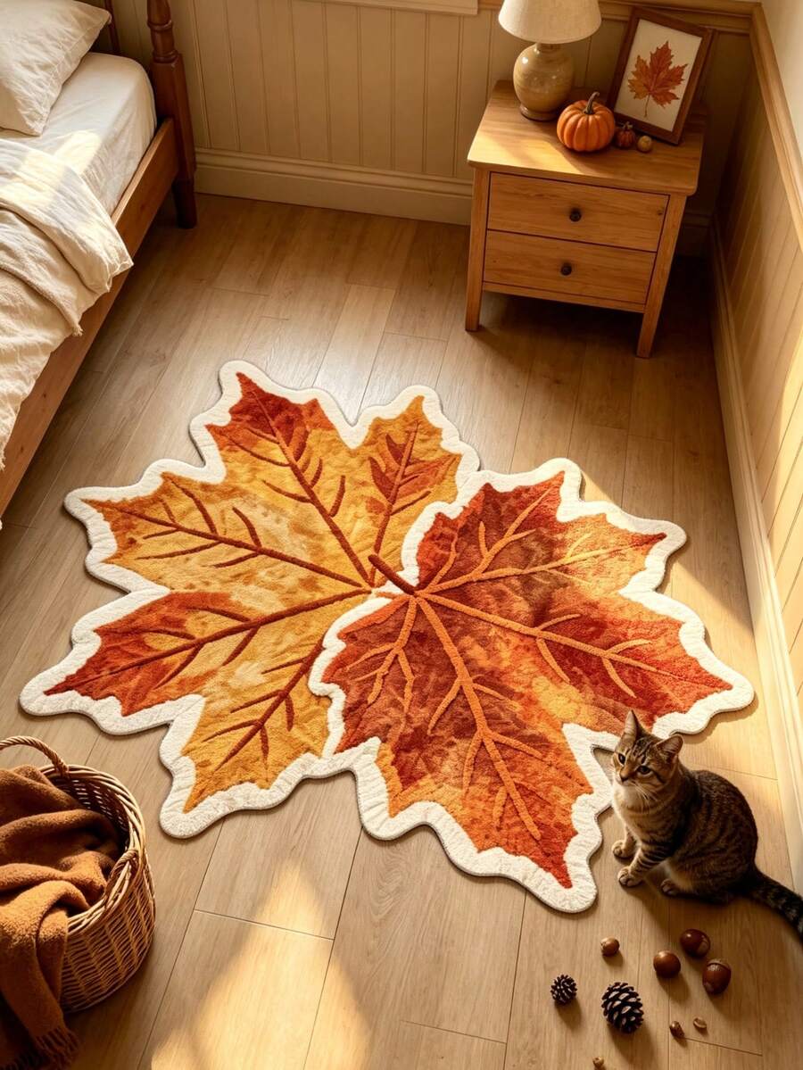 1 pieza Alfombra decorativa con hoja de arce amarilla, decoración de dormitorio, alfombra pequeña, alfombra, decoración del hogar, alfombra de sala de estar, alfombra pequeña de sala de estar, alfombra de dormitorio, decoración del hogar de sala de estar, alfombra de exterior, alfombra lavable, regalo de graduación - Hoja de arce - Ver 1