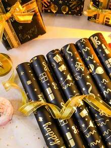 3 Stücke/1 Stück/ schwarzes & goldenes Geburtstags-Geschenkpapier aus Folie, mit goldenem "Alles Gute zum Geburtstag" Text, Ballon- und Geschenkbox-Musterdesign, geeignet für Feiertags-Geschenkverpackung und Blumenstrauß-Dekoration, anwendbar für Geburtstagsfeiern und Themenpartys - Eine Grösse passt allen - Übersicht 6