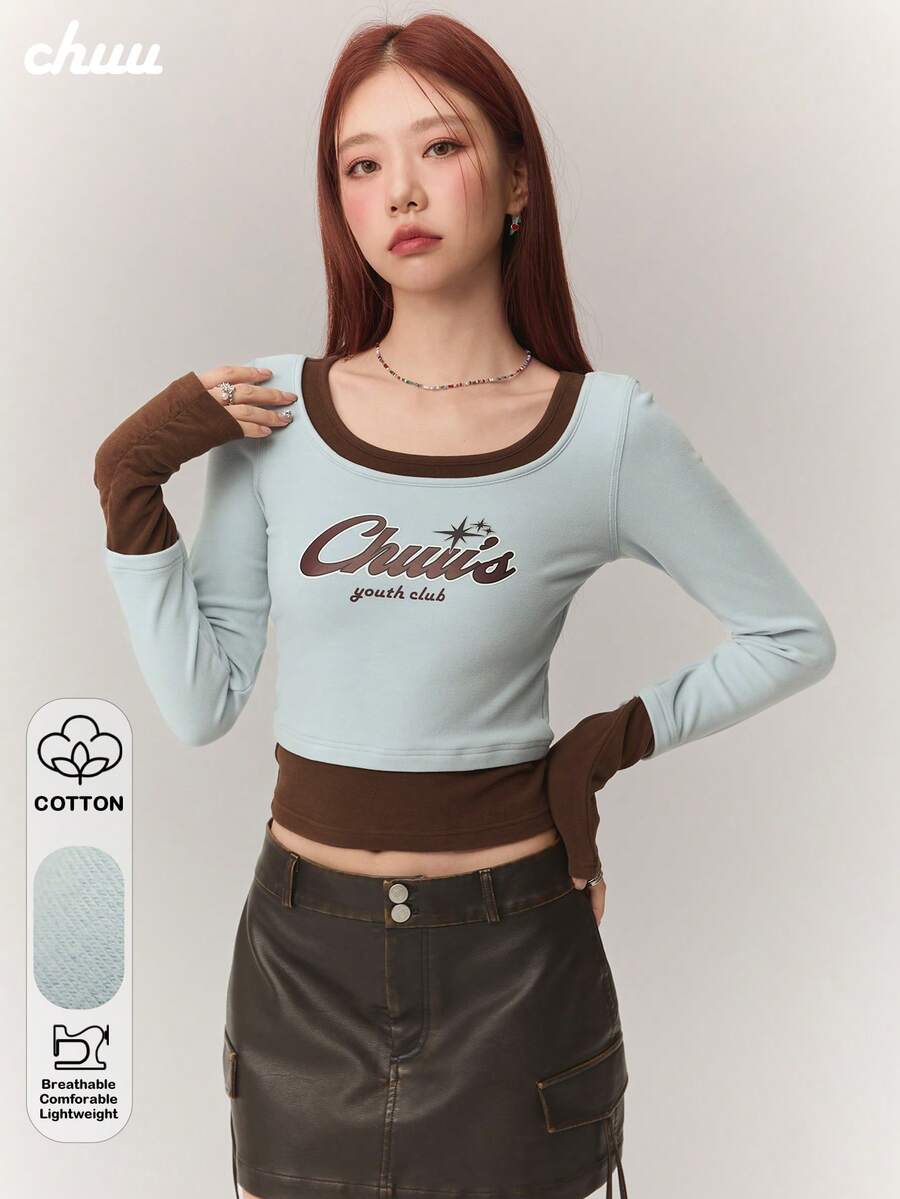CHUU 女款字母印花 T-shirt 秋冬 2 合 1 拼接撞色修身打底短版上衣 - 藍色 - 查看 1