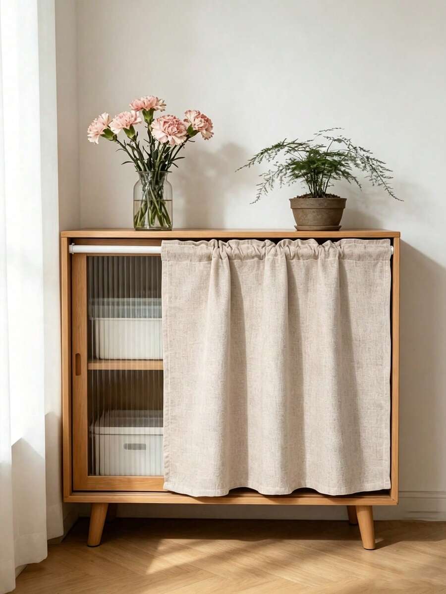 1/24pcs Modern Minimalist Linen Sheer Kitchen Half Curtain, Simple Natural Wood Color, Japanese Style Cabinet Curtain, Sheer Decorative Curtain - Khaki - View 1