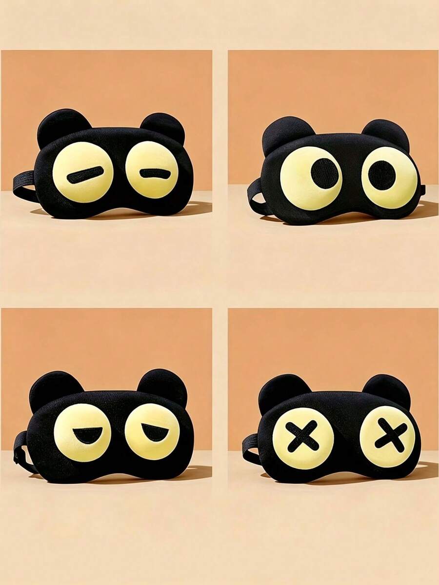 Cute Cartoon Bear Eye Mask - Soft Polyester Fiber Light-Blocking Sleep Mask, Adjustable Zipper Design, Yellow & Black Color, Suitable For Travel, Work, Napping - No Battery Required, Durable Material, Office Employee Essential - Upgraded Version - View 1
