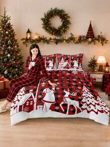 Bộ chăn ga gối 3 món chủ đề Giáng Sinh họa tiết kẻ caro đỏ đen Ông già Noel và tuần lộc - mềm mại, thoải mái và thoáng khí, bông chần 200g, gồm 1 chăn và 2 vỏ gối (không kèm ruột gối) - lựa chọn hoàn hảo để trang trí Giáng Sinh cho nhà hoặc ký túc xá - Nhiều màu - Xem 5
