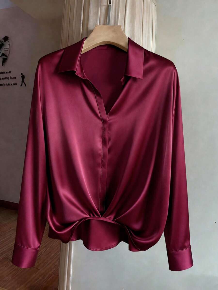 Blus Lengan Panjang Elegan Bergaya Prancis dengan Hiasan Ruffle, Potongan Longgar untuk Wanita dengan Desain Menutupi Perut, Hem Berkerut, Cocok untuk Perjalanan Sehari-hari, Item Fesyen Serbaguna - Burgundy - View 1