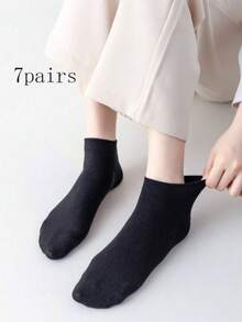 7 pares de calcetines cortos de algodón puro de unicolor, minimalistas y versátiles, de talla grande, para primavera y otoño, unisex - Negro - Ver 5