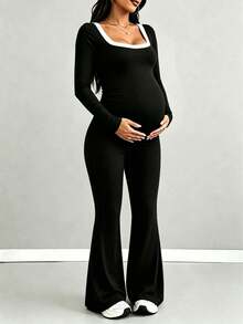 Parara Maternity Jumpsuit, Black Long Sleeve Square Neck Slim Fit Long Length Maternity Jumpsuit, Suitable For Autumn Wear. - Black - View 2