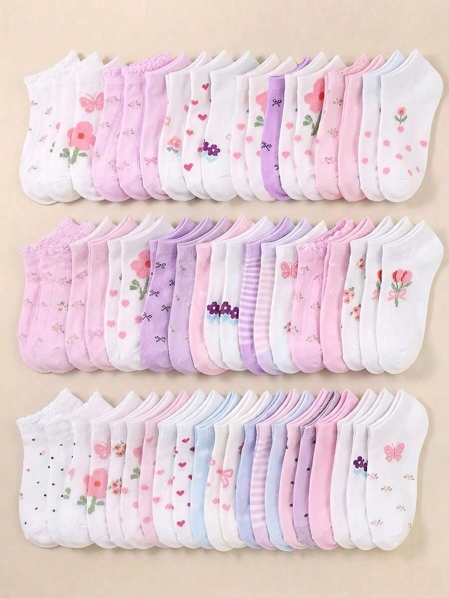5/10/20 Pairs Random Floral Butterfly Princess Style Girls Short Socks, Soft & Breathable, Student Socks, Casual Daily Wear, Halloween Party, Back To School Outfit - Multicolor - View 1