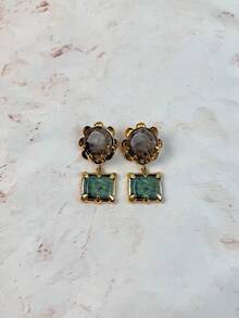 ZAA Antique Gold Two-Tier Gemstone Dangle Earrings, Vintage Medieval Earth Tone Statement Earrings For Fall Party - Geometric Resin Earrings - View 11