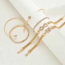 6pcs Women's Minimalist Personalized Metal Rhinestone Bracelet Set - Includes Butterfly, Heart And Infinity Symbol Elements, Multi-Layer Stacking Design, Suitable For Daily Wear, Party, Date And Other Occasions - Gold 6pcs Heart Bow - View 4