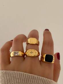 4pcs/Set Drip Oil Versatile Rhinestone Inlaid Shiny Minimalist Stackable Rings For Women - Golden Yellow a - View 1
