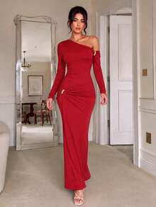 Women's Burgundy One Shoulder Maxi Dress Long Sleeve Bodycon Formal Evening Party Gown With Metal Detail- - Red - View 7