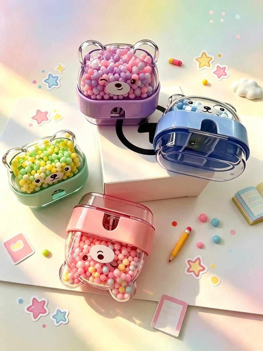 1pc Cute Bear Shaped Pencil Sharpener (Random Color) Plastic Material Mesh Design With Flip Cover - Easy To Use, Durable And Sharp, Ideal Choice For Students And Professionals, Essential Drawing And Office Tool, Suitable For School And Office Stationery Supplies, High-Quality Gift And Prize - Multicolor Random - View 1