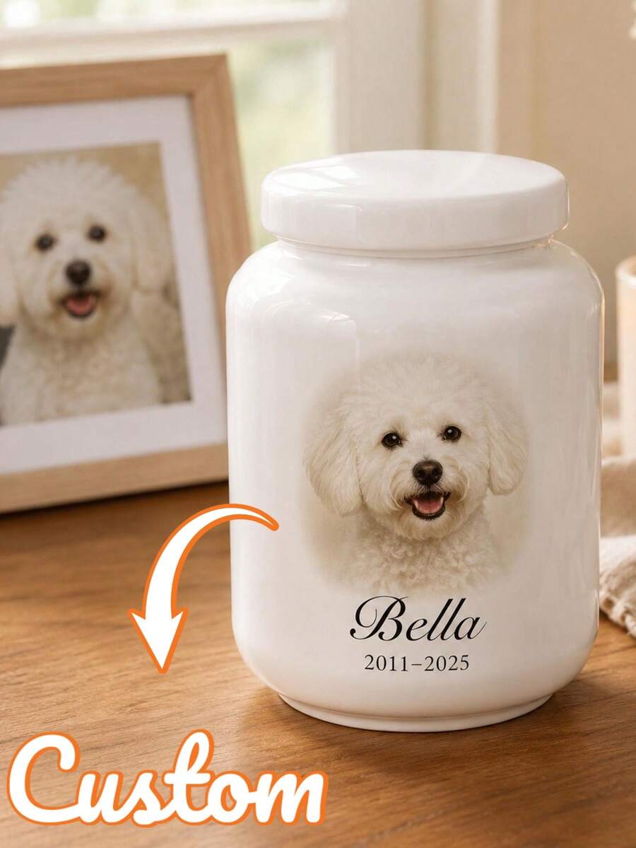 Personalized Pet Cremation Urn, Ceramic Memorial Jar With Lid, Customizable Photo Or Name, Pet Dog Cat Memorial Keepsake, Condolence Gift - Multicolor - View 1