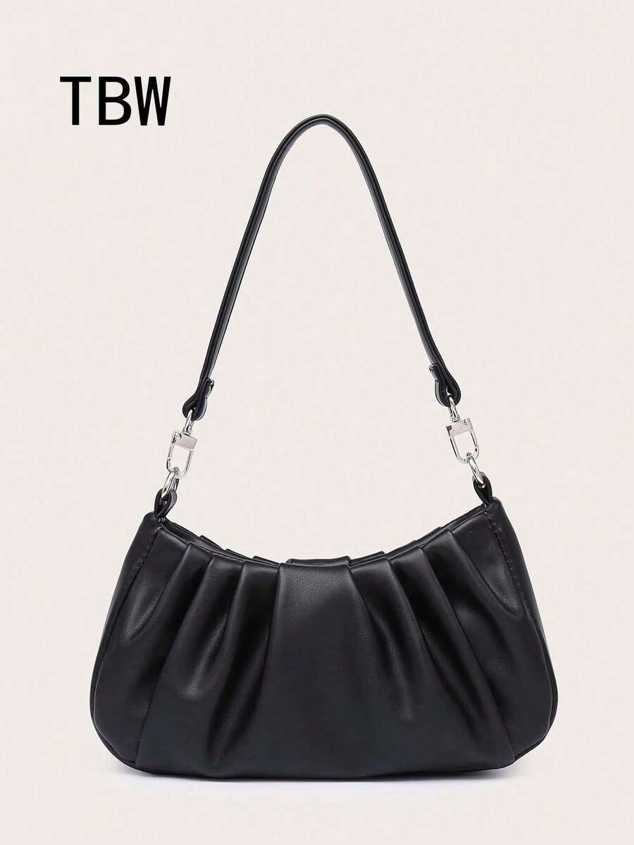 Women's Shoulder Bag, Baguette Bag, PU Pleated Fabric, Multi-Functional Front Chain Decoration, Simple And Versatile, Suitable For Commuting, Shopping And Outings. - Black - View 1
