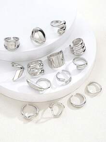 14pcs/Set Punk Style Smooth Geometric Open Ring Set, Women's Exaggerated Asymmetric Silver Heavy Metal Hip Hop Jewelry Gift - Style 2 - View 3