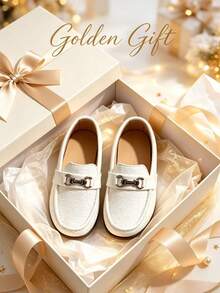 1 Pair Fashionable Kids Bright Color Flat Loafers, Unisex Driving Loafers Soft Sole, Metal Buckle Crocodile Skin Design Slip-On, School Performance Shoes, School Host, All Season Wear - White - View 1