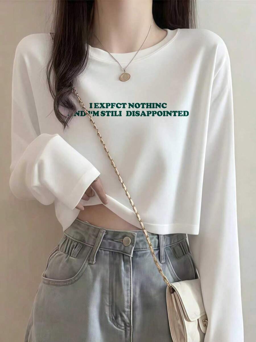 Niche Funny English Print Long Sleeve Base Layer Slim Fit Flattering High Waist Cropped Top Versatile Sexy Style Casual White - White - View 1