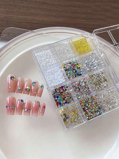 12-Grid Mixed Nail Art Decoration Set With Sparkling Pearls, Flat-Back Irregular Rhinestones, Star Sequins, Boxed Nail Gems