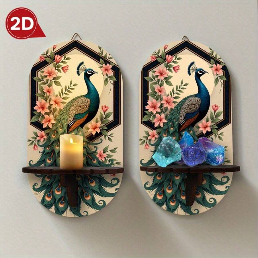 2D High Definition Flat Print Peacock Floral Art Decorative Wall Hanging Shelf, Multi-Functional Storage Rack, Candle Holder Key Rack, Wall Art Decoration, Suitable For Living Room Bedroom Dining Room Decoration, Halloween Christmas Decorative Ornament - A - View 1