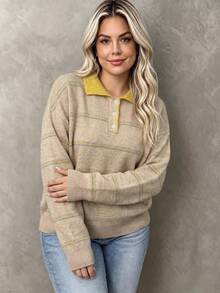 Plus Size Women's Casual Vintage Knit Polo Shirt, Button Design, Long Drop Shoulder Sleeves, Regular Length, Suitable For Daily Wear - Apricot - View 6