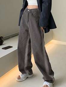 Solid Color Button Pocket Zipper Denim Long Pants - Grey - View 1