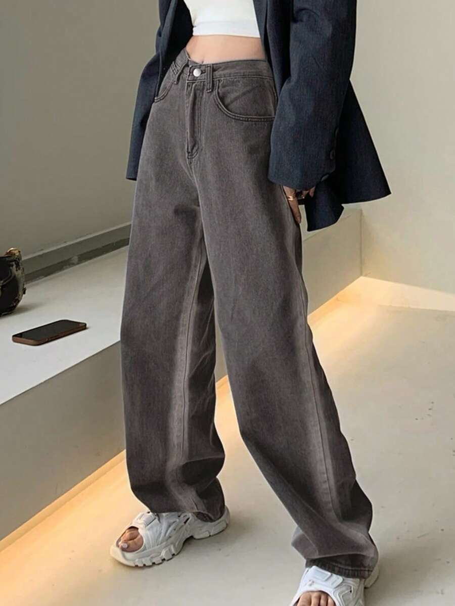 Solid Color Button Pocket Zipper Denim Long Pants - Grey - View 1