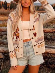 Women's American Western Style Horse Jacquard Knit Cardigan, Outdoor Camping Country Travel Old Town Street Style Casual Slimming Autumn - Apricot - View 6