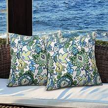 Magpie Fabrics Pack of 2 Outdoor Waterproof Throw Pillow Covers 18 x 18 Inch, Decorative Cushion Sham Pillowcase Shell for Garden Patio Tent Balcony Couch Sofa Botanical Blue - Multicolor - Ver 9