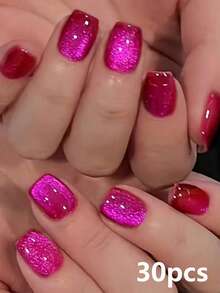 30pcs Acrylic Short Square/Almond Dragon Fruit Color Glossy Cat Eye Press-On Fake Nails, Shiny Light-Following Cat Eye Design Fake Nails Suitable For Women's Holiday Parties, Casual, Daily Life, Spring And Summer Use Nail Decoration - Rose Red - View 6