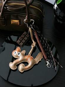 Cute Leather Cat Bag Charm Keychain, Cat Pendant With Chocolate Charm And Braided Rope Tassel, Bag Charm, Car Interior Charm, Car Keychain. Sweet Coffee Tone Bag Accessory Gift, Suitable For Women And Girls, Gift For Women, Birthday, Holiday Gift. - Multicolor - View 2
