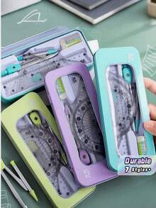 Transparent Storage Box/7-Piece Compass Set - Includes A Protractor And Ruler For Precise Geometric Drawing, As Well As A Triangle Ruler And A Complete Stationery Set. Multi-Functional Exam And Study Stationery Bag. Back To School. - C - View 2