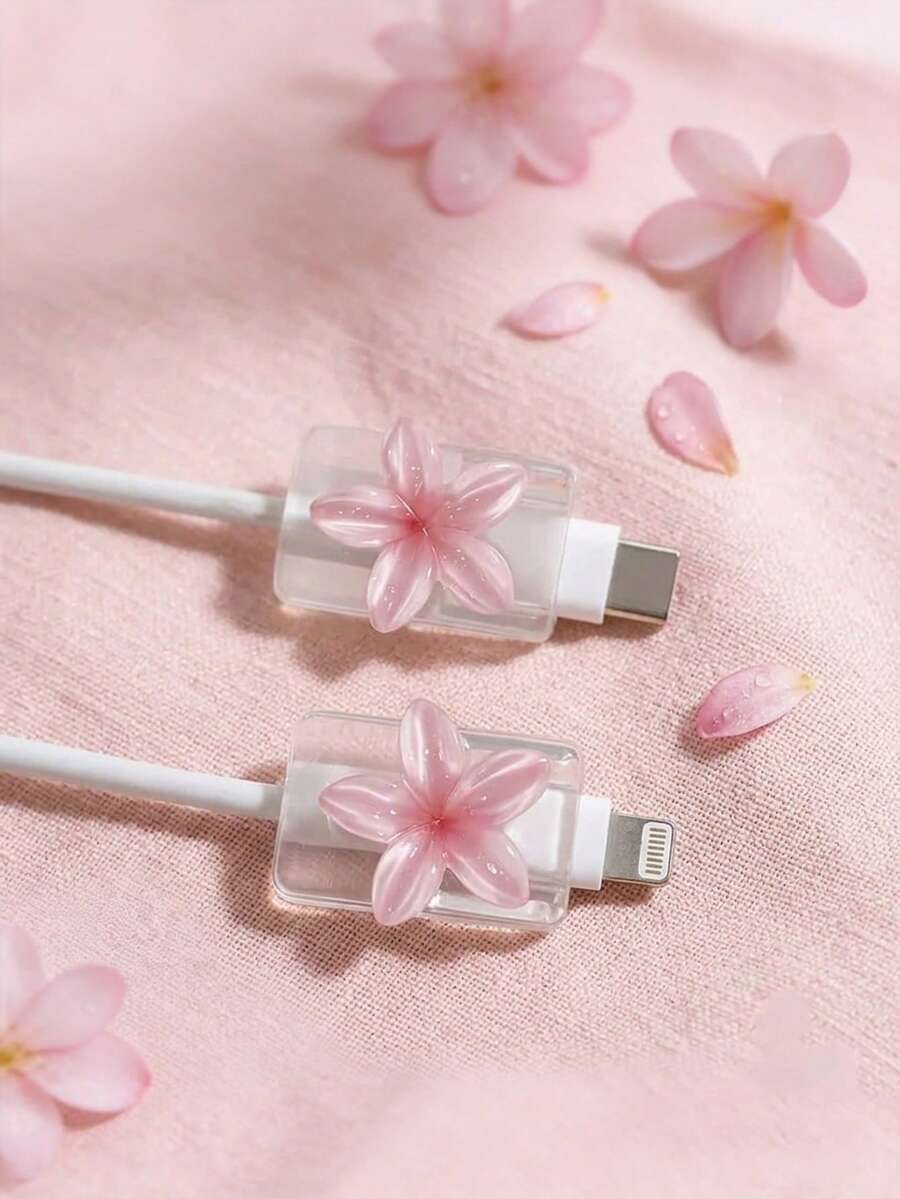 2PCS Gradient Floral Cable Protector, Transparent Soft Shell Anti-Bend Anti-Break, Resin Material, No Battery Required, Suitable For Type-C, 3D Plumeria Data Cable Protector, Summer Vibe Charging Accessory