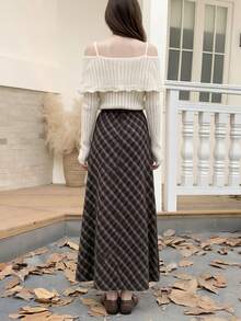 Women's Fashion Long A-Line Plaid Skirt, Drawstring Waist Design, Woven Fabric, Elegant Autumn Style - Coffee Brown - View 6