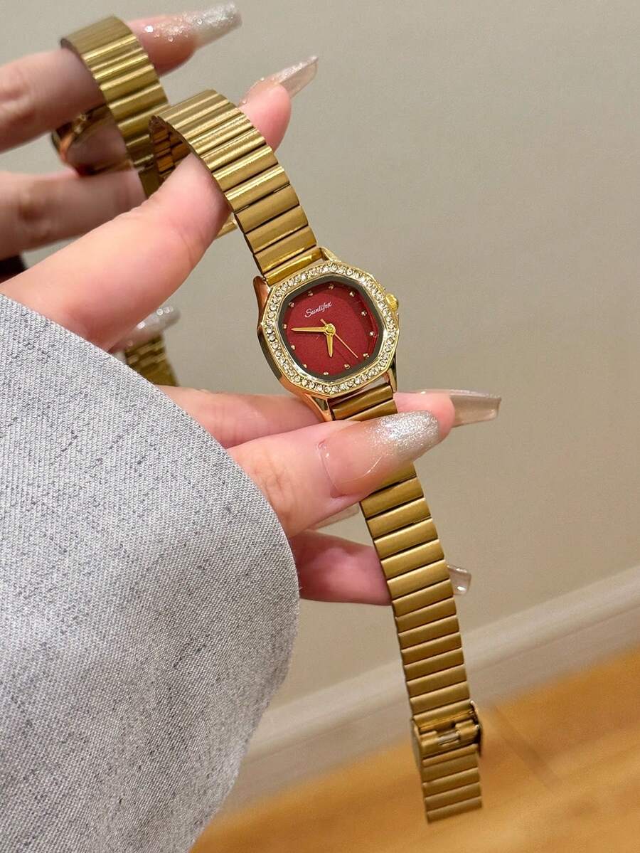 1件裝橢圓形復古風金色竹節錶帶石英女錶，優雅精緻，適合日常佩戴、生日禮物與派對 - 金色 - 查看 1