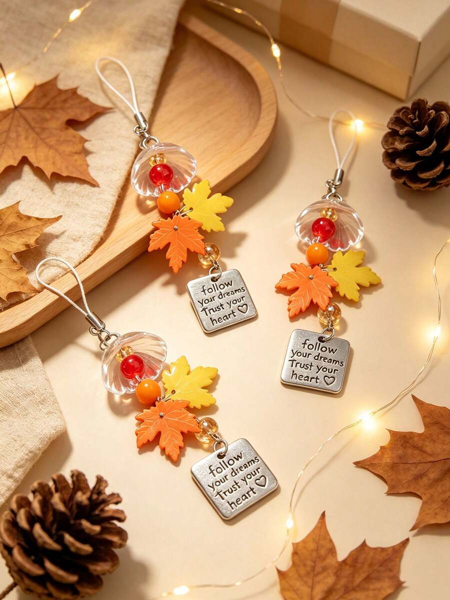 Autumn Maple Leaf Wind Chime Pendant, Acrylic And Metal Beaded Phone Chain Keychain With Inspirational Text Tag, Suitable For Phone Case, Backpack, Handbag, Car Rearview Mirror Hanging Decoration, Autumn Festival Daily Accessory Holiday Decoration Gift - Multicolor - View 1