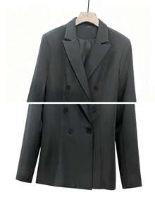 Women's Autumn/Winter Fashion Commute Lined Double-Breasted Padded Shoulder Loose Long Sleeve Blazer & Pleated Wide Leg Pants Set - Dark Grey - View 7