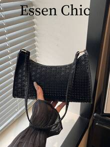 1pc Black Solid Color PU Baguette Shoulder Bag For Women - Black - View 8
